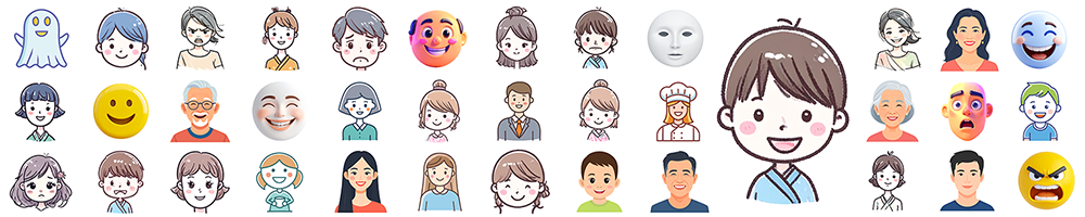 多様な表情を持つ人物アイコンの無料イラスト素材集。男性、女性、子供、高齢者、幽霊、ロボットなど様々なキャラクターの顔のクローズアップや上半身のイラストが複数並んでいます。笑顔、怒り、悲しみ、驚き、困惑など様々な感情が表現されており、また、シェフやビジネスマンのような職業を表すイラストも含まれています。高品質で背景が透明なアイコン素材として商用利用可能です。