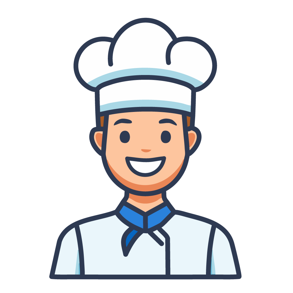 Smiling male chef illustration wearing a white chef's hat and apron