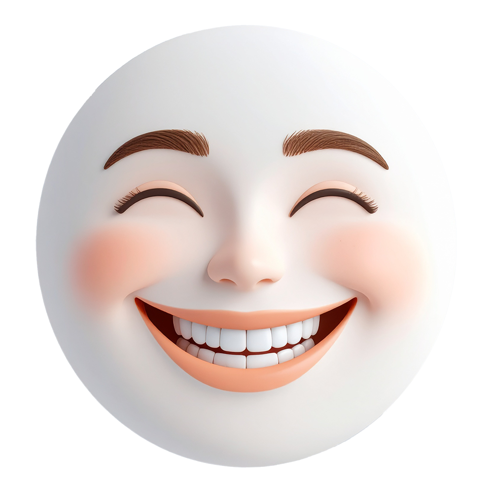 A white 3D face icon smiling gently
