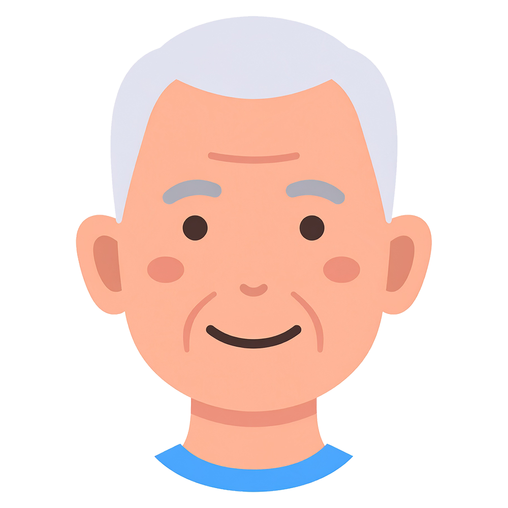 穏やかな表情のシニア男性のアイコンイラスト。安心感を与える高品質な無料素材。