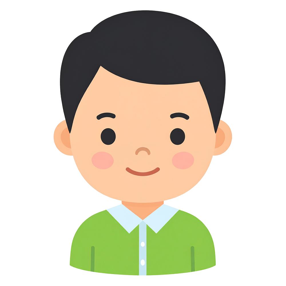 笑顔で可愛らしい男の子のイラストアイコン、背景透明で商用利用可能な高品質な無料素材。プロフィール画像やブログの挿絵に最適。