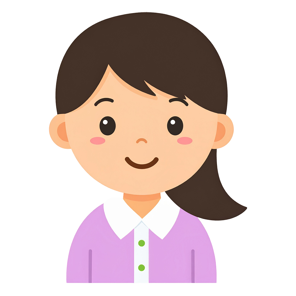 笑顔で可愛らしいポニーテールの女の子のイラストアイコン、背景透明で商用利用可能な高品質な無料素材。プロフィールやブログに最適。