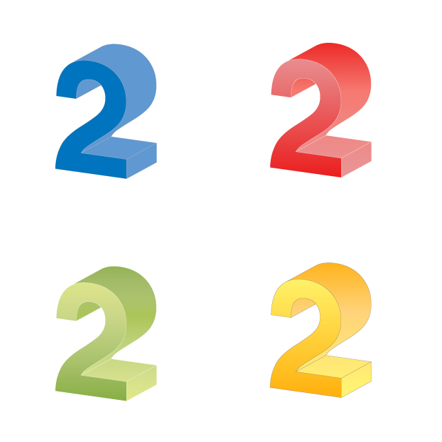 数字の2｜番号2｜立体文字2｜緑色｜赤色グラデーション｜黄色｜青色 - 挿絵 / クリップアート / 無料 / 家電 / 乗り物 / 動物 / 家具 / イラスト / ダウンロード