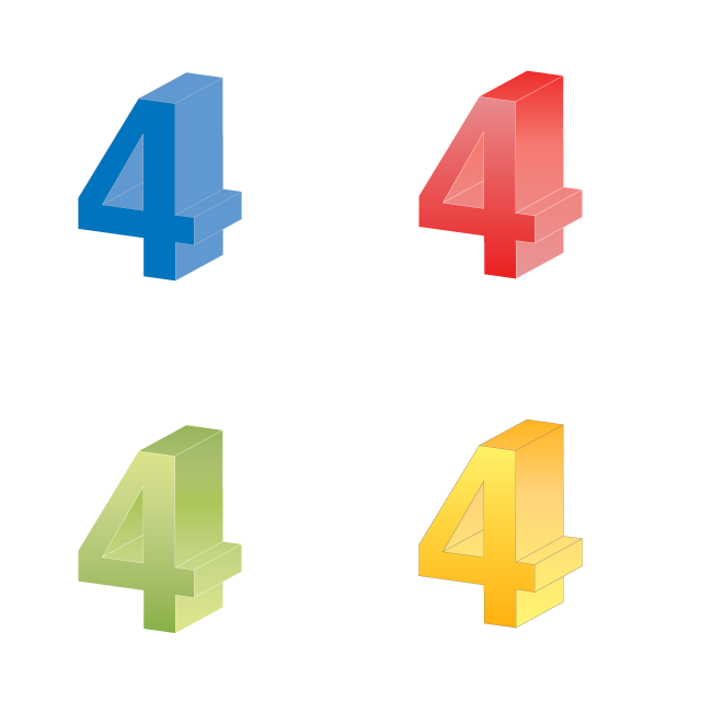 数字の4｜番号4｜立体文字4｜黄色グラデーション｜緑色｜赤色｜青色 - 挿絵 / クリップアート / 無料 / 家電 / 乗り物 / 動物 / 家具 / イラスト / ダウンロード