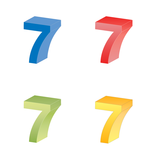 数字の7｜番号7｜立体文字7｜赤色｜青色グラデーション｜緑色｜黄色 - 挿絵 / クリップアート / 無料 / 家電 / 乗り物 / 動物 / 家具 / イラスト / ダウンロード