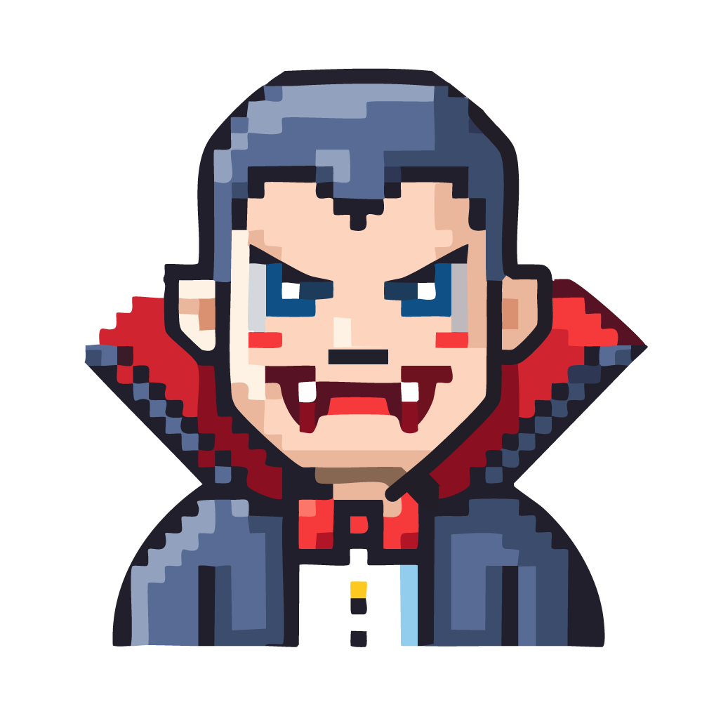 Dot art style Halloween icon illustration of a sharp-fanged vampire