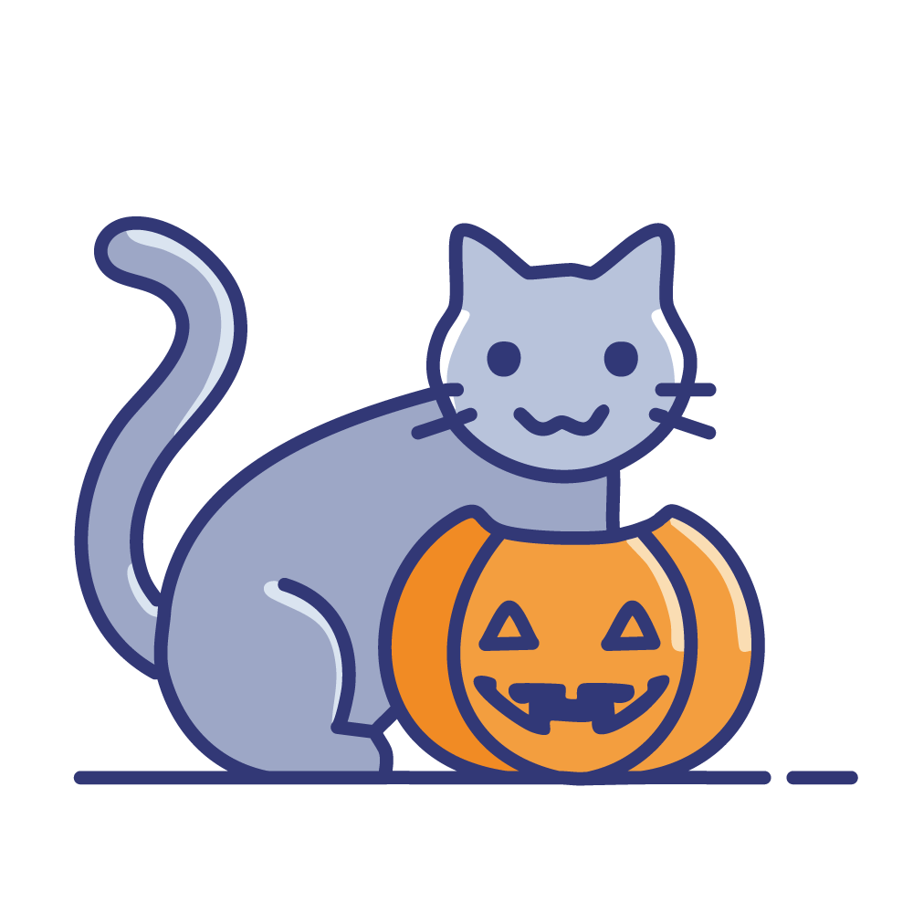 Halloween free illustration of a black cat (gray cat) and a Jack-O'-Lantern
