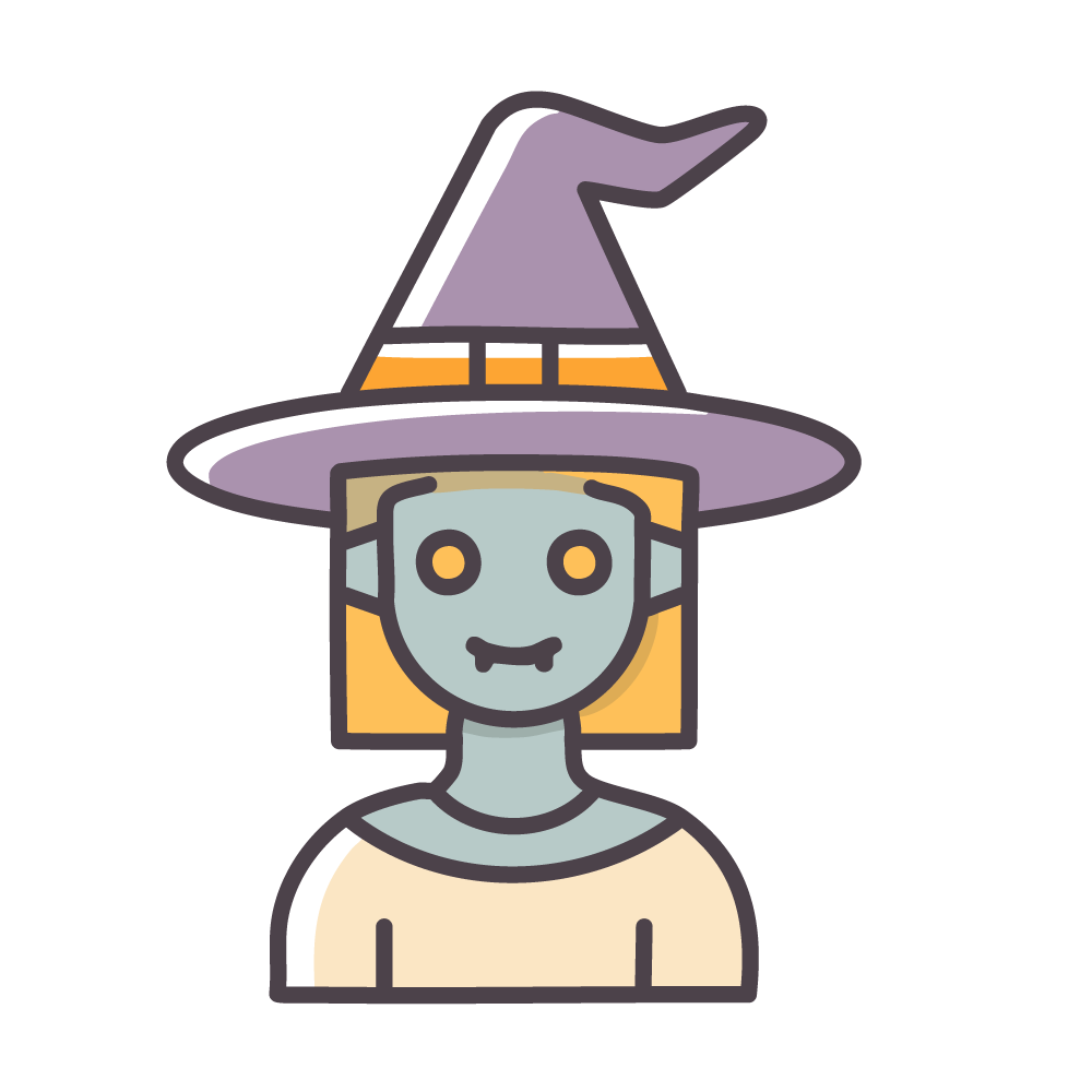 Halloween icon illustration of a sharp-fanged female vampire in a witch hat
