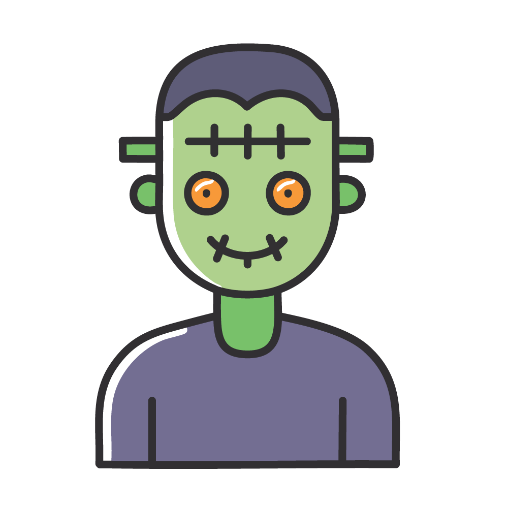 Halloween icon illustration of Frankenstein's green face and bolts