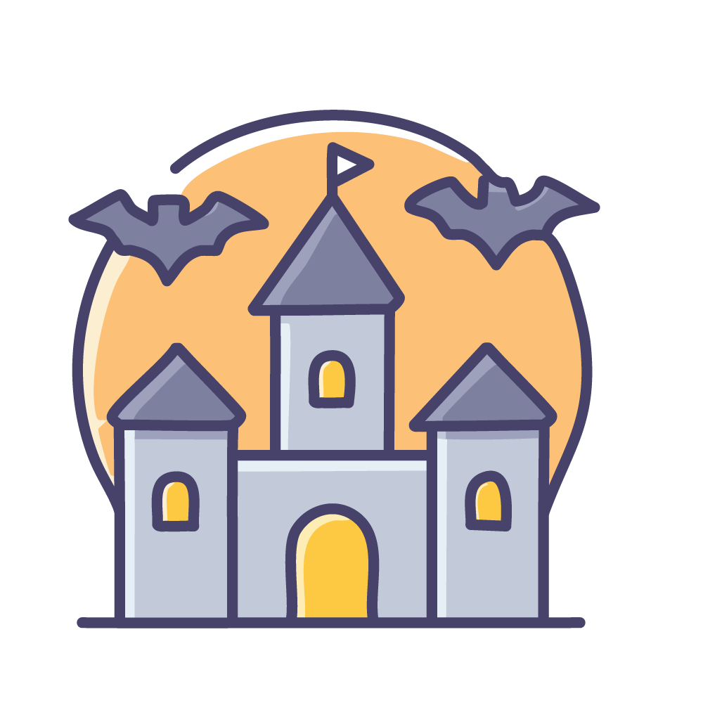 Halloween free illustration of a full moon, an old haunted house (castle), and flying bats