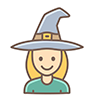 Halloween icon illustration of a smiling witch wearing a pointed hat