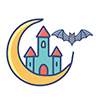 Halloween free icon illustration of a crescent moon, a castle, and a bat