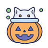 Halloween icon illustration of a Jack-O'-Lantern wearing a cat hat