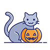 Halloween free illustration of a black cat (gray cat) and a Jack-O'-Lantern