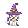 Halloween icon illustration of a cute cat wearing a purple witch hat