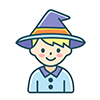Halloween icon illustration of a smiling boy wearing a witch hat