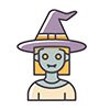 Halloween icon illustration of a sharp-fanged female vampire in a witch hat