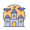 Halloween free illustration of a full moon, an old haunted house (castle), and flying bats