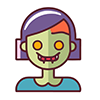 Halloween icon illustration of a female zombie (green face) showing her fangs and smiling