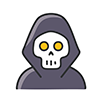 Halloween icon illustration of a hooded skeleton (skull) with yellow eyes