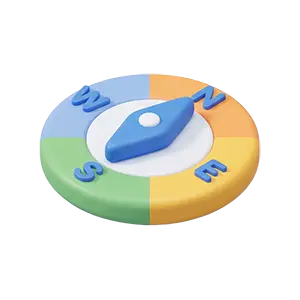 東西南北が色分けされたカラフルな方位磁針の3Dアイソメトリック・アイコン