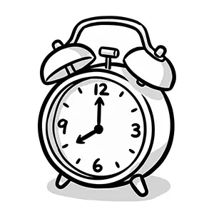 8時ちょうどを指しているベル付き目覚まし時計の手書き風イラスト
