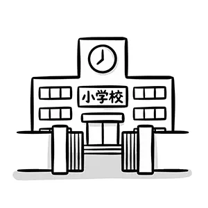 時計台と門がある小学校の校舎の手描き風イラスト