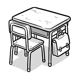 横にランドセルが掛けられた学校の机と椅子の手書き風イラスト