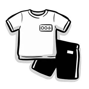 名札がついた半袖シャツとハーフパンツの体操服の手書き風イラスト