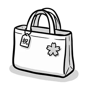 桜の模様と「祝」のタグがついたレッスンバッグの手描き風イラスト
