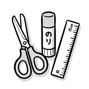 はさみ、スティックのり、定規が並んだ手書き風の文房具イラスト