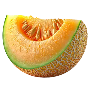 カットされた赤肉メロンの3Dイラスト。網目模様がリアルな高級フルーツ画像