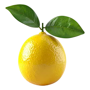 葉っぱ付きレモンの3Dイラスト。黄色くてフレッシュな柑橘系フルーツのアイコン