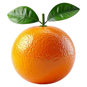 葉付きオレンジの3Dイラスト。柑橘系の皮の質感がリアルなフルーツアイコン