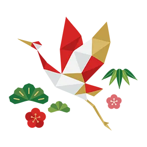 飛んでいる鶴と松竹梅のアイコンを組み合わせたお正月デザインイラスト