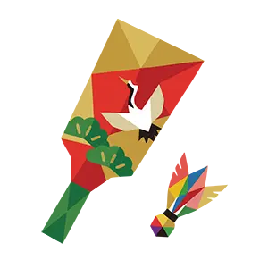 鶴と松の柄が入った羽子板とカラフルな羽根のイラスト