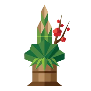 赤い梅の花が添えられたおしゃれな門松のポリゴン風お正月イラスト