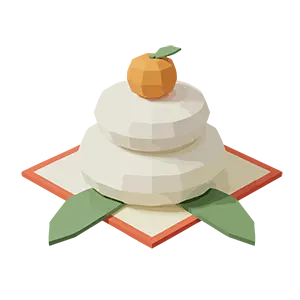 橙が乗ったシンプルでかわいい鏡餅の幾何学デザイン風イラスト