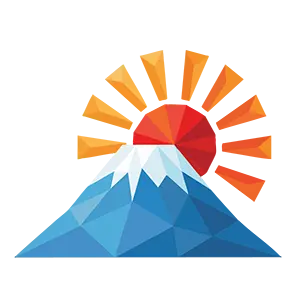 放射状の光を放つ太陽と青い富士山の幾何学スタイルお正月イラスト