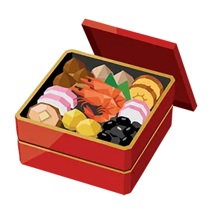 海老や伊達巻が入った赤い重箱のおせち料理のイラスト