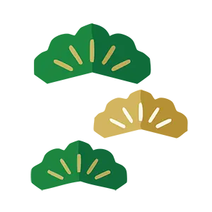 緑と金色の3種類の松の葉の幾何学デザインお正月イラスト