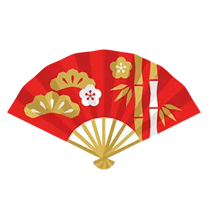 松竹梅の柄が入った赤い扇子の多角形デザイン風お正月イラスト