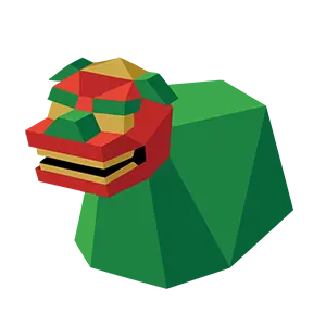 緑の体と赤い顔が特徴的な獅子舞のポリゴン風お正月イラスト