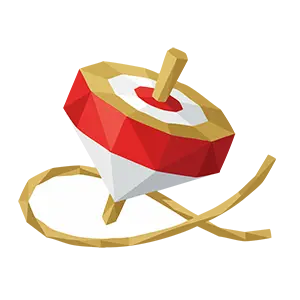 お正月の遊び道具である赤と白の独楽(コマ)と紐のイラスト