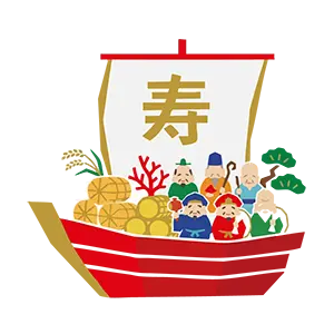 七福神が乗ったおめでたい宝船と米俵の賑やかなイラスト