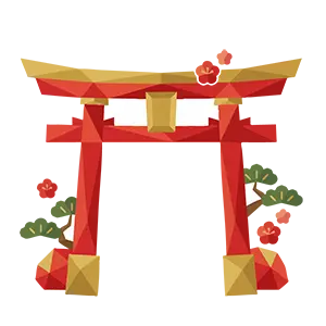 松の木と赤い梅の花で装飾された豪華な鳥居のお正月イラスト