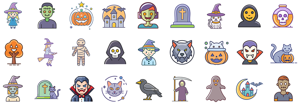 ハロウィンのかわいい魔女の女の子のアイコン/ハロウィンのフランケンシュタインの無料イラスト/ジャック・オー・ランタンと満月の城のアイコン