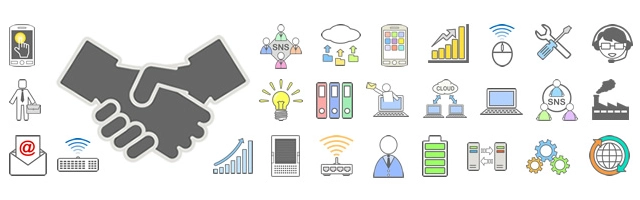 ビジネスの信頼を表す握手のイラストを中心に、PC、スマホ、SNS、クラウド、サーバー、グラフなど、IT・通信・オフィス業務全般に関連する無料アイコン素材セットです。