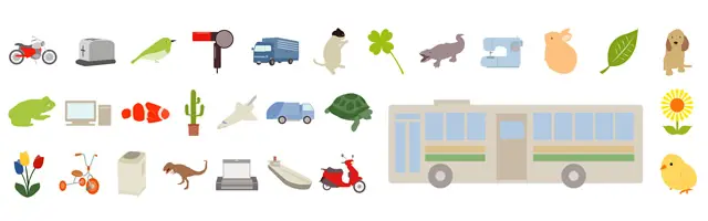 バスやバイク、トラックなどの乗り物、犬や猫、カメなどの動物、洗濯機やパソコンなどの家電製品が描かれたイラストセット。交通安全のポスターや生活用品の紹介、学校のプリントに使える、商用利用OK・会員登録不要の便利な無料クリップアートです。