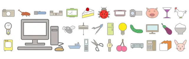 デスクトップパソコンやサーバーなどの電子機器に加え、冷蔵庫、洗濯機などの白物家電、ケーキや野菜、昆虫、動物が描かれたイラストセット。IT関連の資料や生活情報の案内、献立表に適した、商用利用OK・会員登録不要の無料クリップアートです。